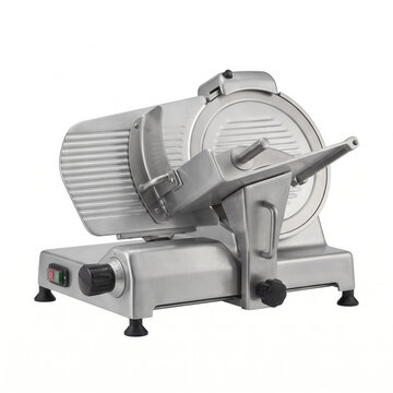 Deli slicer in polished silver design on white background  