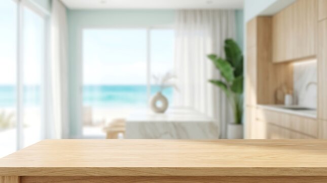 Empty wooden tabletop product display podium with blurred luxury beach house kitchen interior for display background