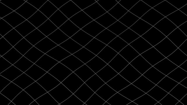 Diamond mesh grid waving on black background, thin gray wireframe net lines rippling in smooth wave motion, seamless loop