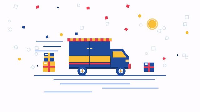 Delivery truck with parcels flat animation, blue van driving with speed lines and gift boxes on white background, shipping concept