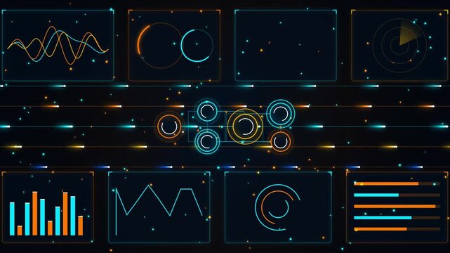 Futuristic digital dashboard interface with data visualization graphs and glowing light trails