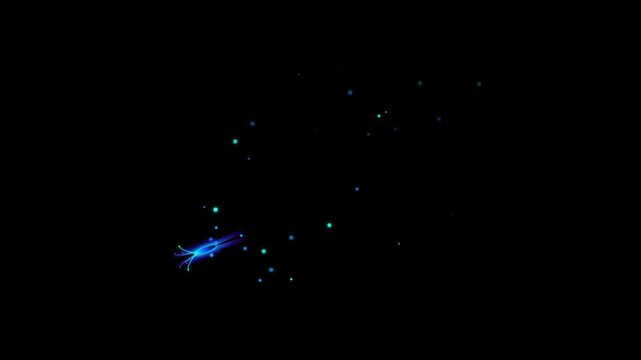 Abstract glowing blue jellyfish creature swimming in dark space with floating particles