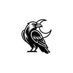 Obraz premium Stylized Raven Bird Silhouette with Crescent Moon Icon.