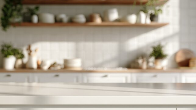 Solid white surface in sharp focus, blurred kitchen shelves with dishes in background, bright interior, macro photography style