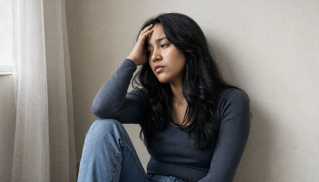 Young woman sits on the floor beside a window with her hand on her forehead, expressing sadness, stress, or deep thought in a quiet home setting.