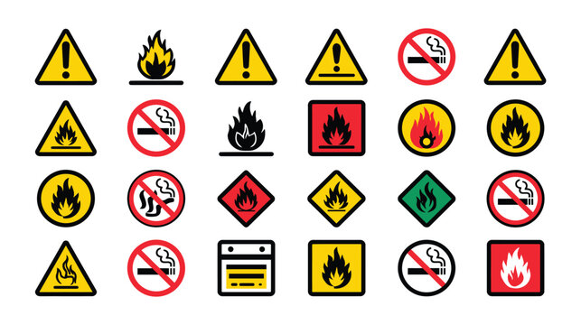Signs icon set including assorted fire warning and prohibition