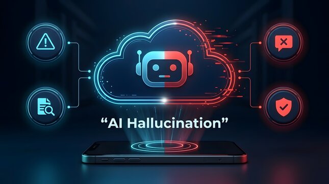 Artificial intelligence hallucination concept with glowing cloud robot hologram projected from mobile phone showing data error and security warning signs