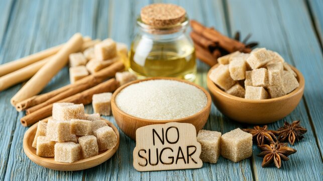 No sugar dessert concept with traditional sweets replaced by healthier low sugar alternatives.