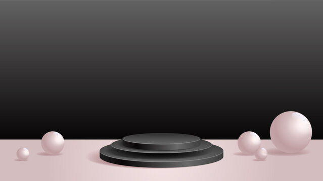 Black and blush cylindrical podium vector background featuring a tiered circular stand, glossy spheres and soft illumination, suitable for elegant cosmetics, retail displays and creative branding.
