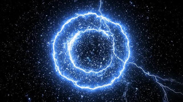 Electric blue lightning bolt forming a swirling energy circle against dark background with subtle particle effects