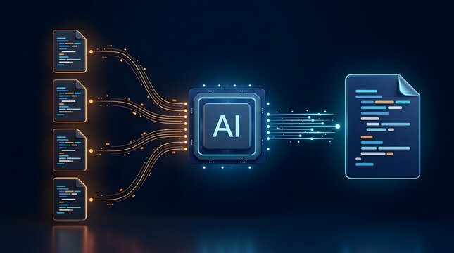 Artificial intelligence chip consolidating multiple digital files into a single master document via data lines.