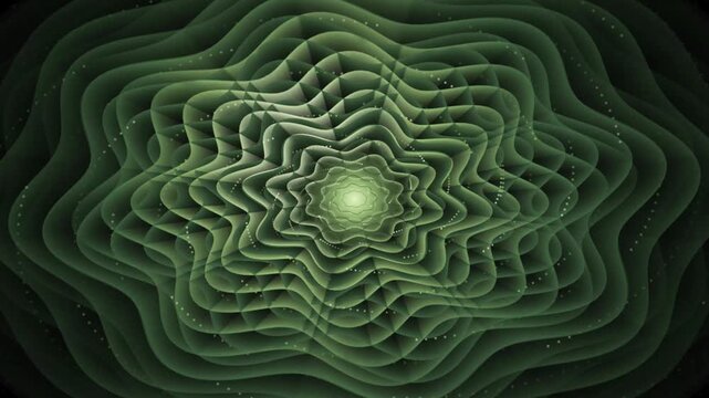 Abstract green fractal wave pattern, organic geometric tunnel with glowing light center. Ethereal fluid motion background for meditation and yoga. Dark emerald green rippling layers in a