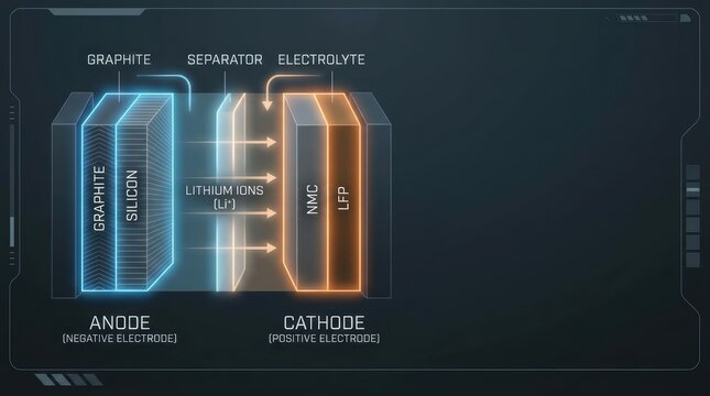 Detailed digital diagram showcasing lithium ion battery anode and cathode structure with graphitic silicon anode, separator, electrolyte, NMC and LFP cathode layers