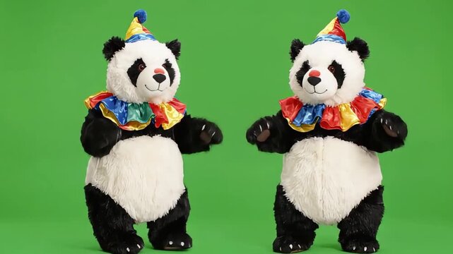 Two cute panda mascot characters wearing colorful clown costumes and party hats dancing together against green screen background in fun performance motion video clip