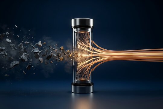 Vertical glass capsule containing golden light strands that disintegrate into dark stone-like debris on a dark blue background