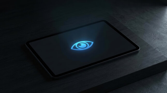 Tablet computer with glowing blue eye symbol on dark wooden surface
