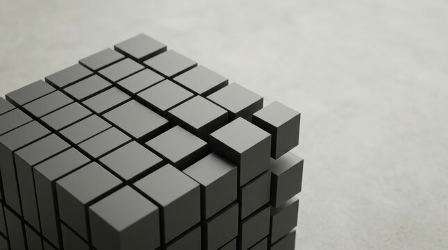 Tech antitrust cube abstract technology structure with dark geometric blocks and strategic business tension