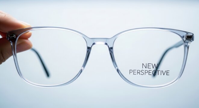 Mental Health Workplace Concepts. Clear eyeglasses held in hand with focus on lens showing words new perspective symbolizing fresh vision concept on blue background