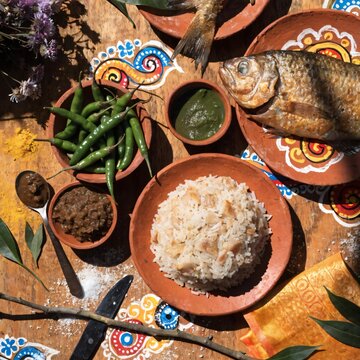 Pohela Boishakh Panta Ilish Traditional Bengali New Year Meal Flat Lay