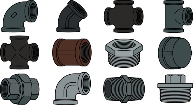 Pipe Fittings Typology and Industrial Plumbing Metal Hardware Vector SetPrint