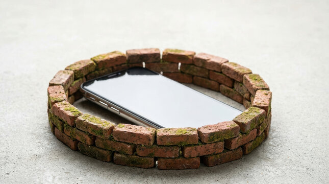 Brick wall encircling smartphone screen suggests tech antitrust and digital market protection on concrete