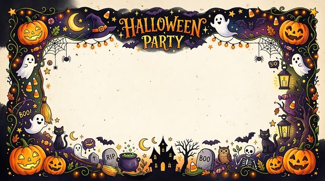 Halloween party invitation design with cartoon spooky elements frame.