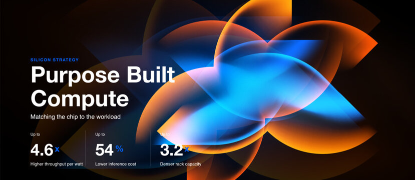 Abstract design features glowing orange, blue shapes. Text highlights compute performance metrics, silicon strategy. Dark background dominates image.