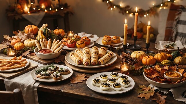 Halloween themed finger foods and mummy hot dogs on wooden table.
