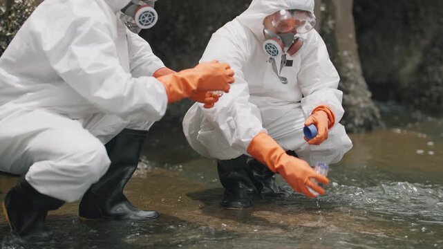 Two scientists in full gear kneel beside murky water. They wear respirators and gloves, handling test samples. One holds a vial