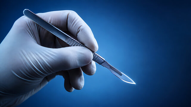 Gloved hand holding surgical scalpel in blue clinical light