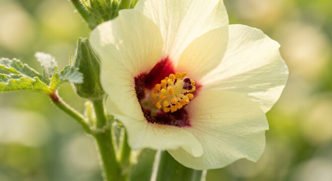 Radiant Okra Flower (Abelmoschus esculentus) Close-up with Dew Drops