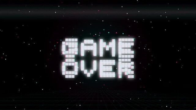 Game over text with retro glitch effect and pixel art style, floating digital particles, dark background, 8bit arcade aesthetic