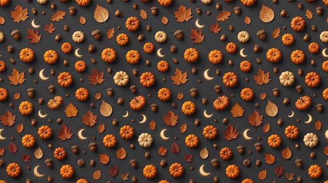 Cute autumn pattern with pumpkins acorns and moon on charcoal backdrop.