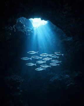 Dark reef cave with silver fish in blue light underwater