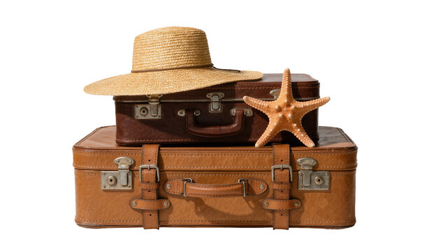 Stack of vintage leather suitcases with straw hat and starfish, isolated on transparent background