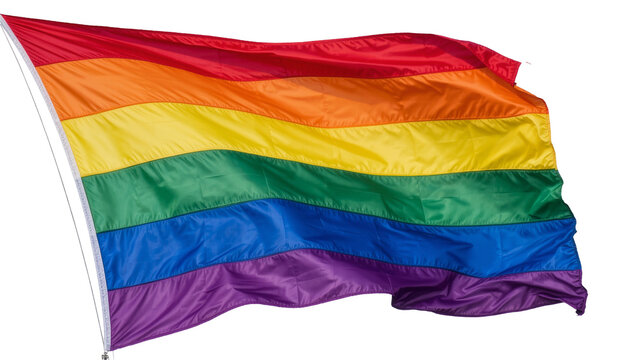 Waving rainbow pride flag with six colorful stripes, isolated on transparent background