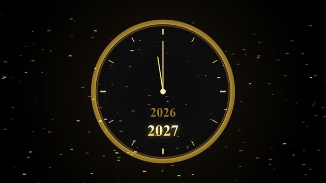 New year 2027 countdown clock showing transition from 2026 to 2027 with golden particles on dark background