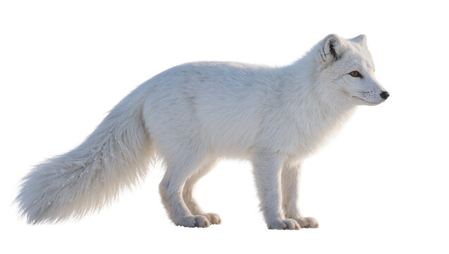 Arctic fox with thick white fur standing, isolated on transparent background