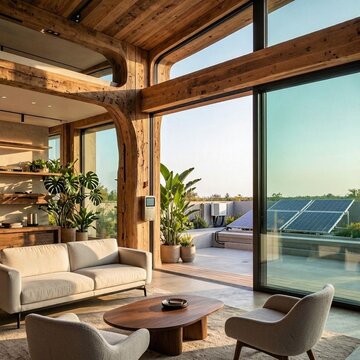  Luxury sustainable home interior in 2026, organic architecture, recycled wood, smart glass walls, indoor tropical plants