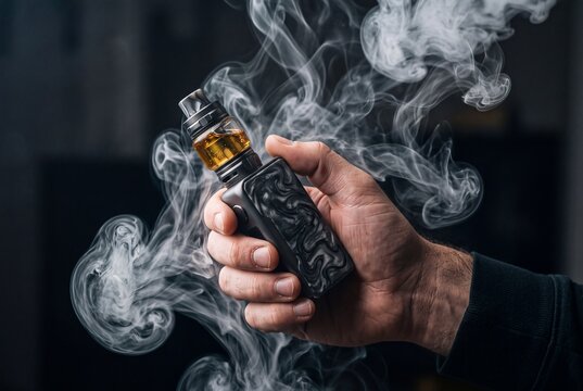 Man holding electronic cigarette mod device surrounded by dense vape smoke cloud