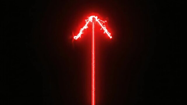 Red neon arrow pointing upward with electric energy discharge and glowing electrical current effect in motion footage clip