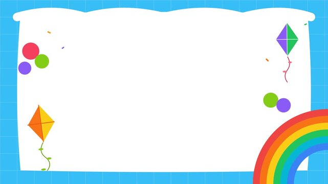 Colorful children background with kites and rainbow for educational design and party invitations.