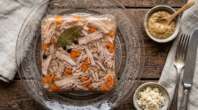 Hyper Realistic 9K Flat Lay Top Down Close Up Estonian Sult Pork Aspic with Mustard Food Photography