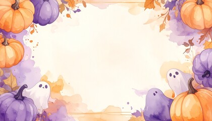 Fototapeta premium Watercolor Style Halloween Background with Pumpkins, Ghosts and Autumn Leaves