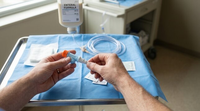 Healthcare professional preparing enteral feeding formula for patient nourishment in a clinical setting, close-up on hands and equipment.