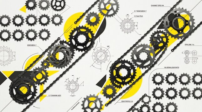 Technical mechanical gears and chains blueprint diagram featuring yellow accents and industrial components