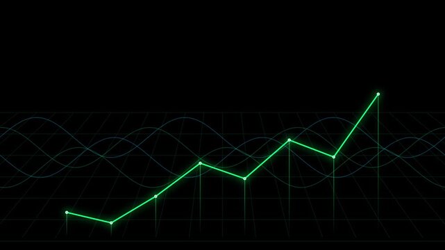 Abstract financial growth chart with glowing green line graph and data points on a dark grid background, symbolizing business success and market analysis