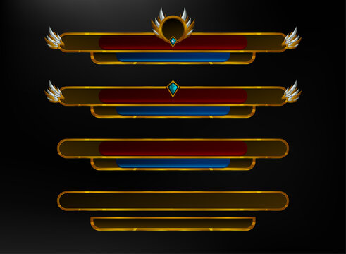 Fantasy frame panel RPG golden luxury UI template featuring ornate gold frames, winged decorations, shield emblems, red and blue status bars, and elegant game interface elements.