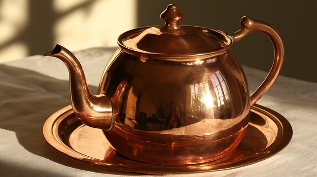 Elegant polished copper teapot on matching tray.