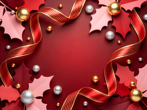 Festive Christmas border background featuring red ribbon with gold trim, red and pink holly leaves, gold and silver baubles, and copy space in the center.